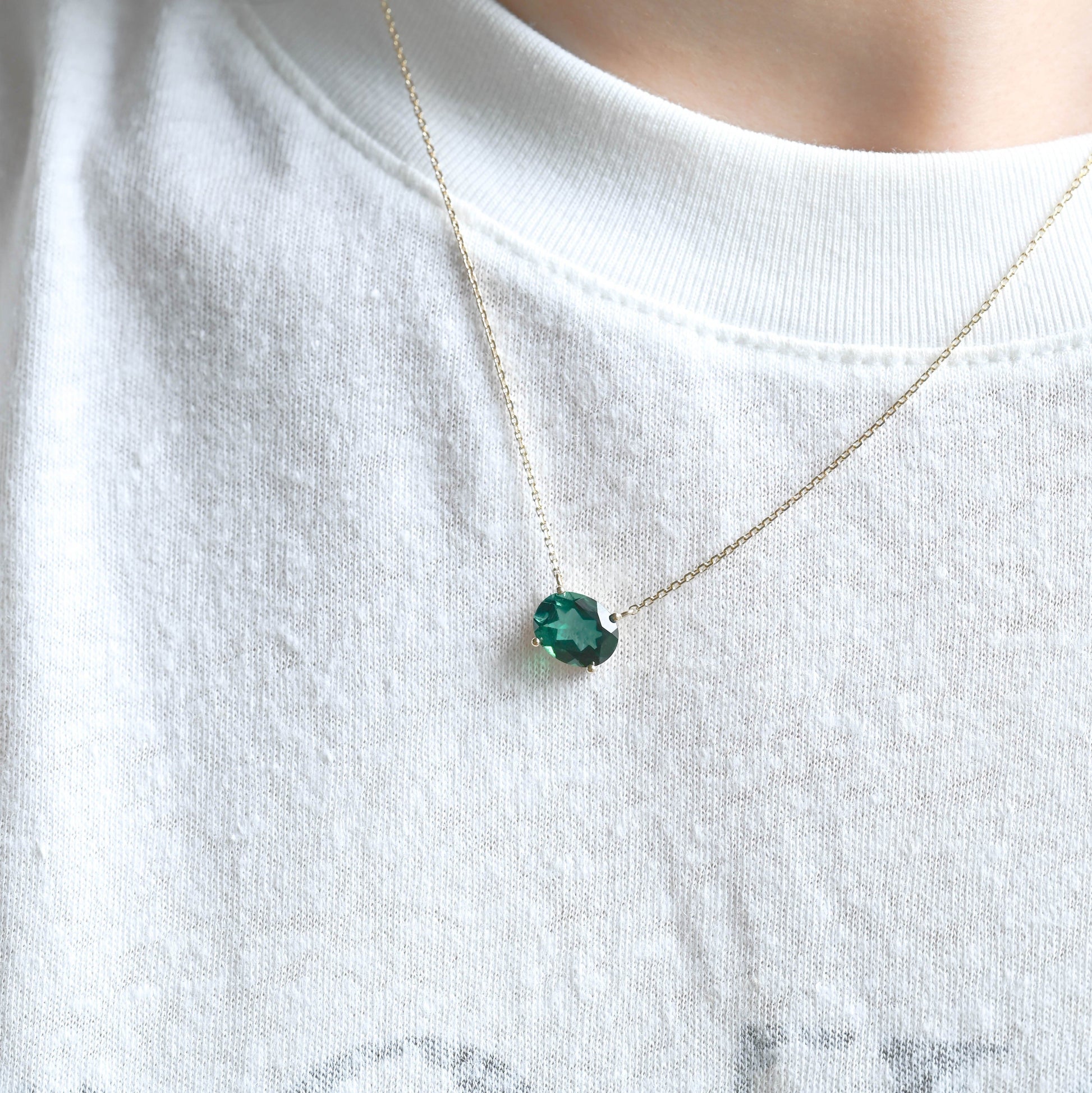 SquareJewelry necklace Solid Gold Solitaire Oval Cut Lab Grown Emerald Pendant Necklace