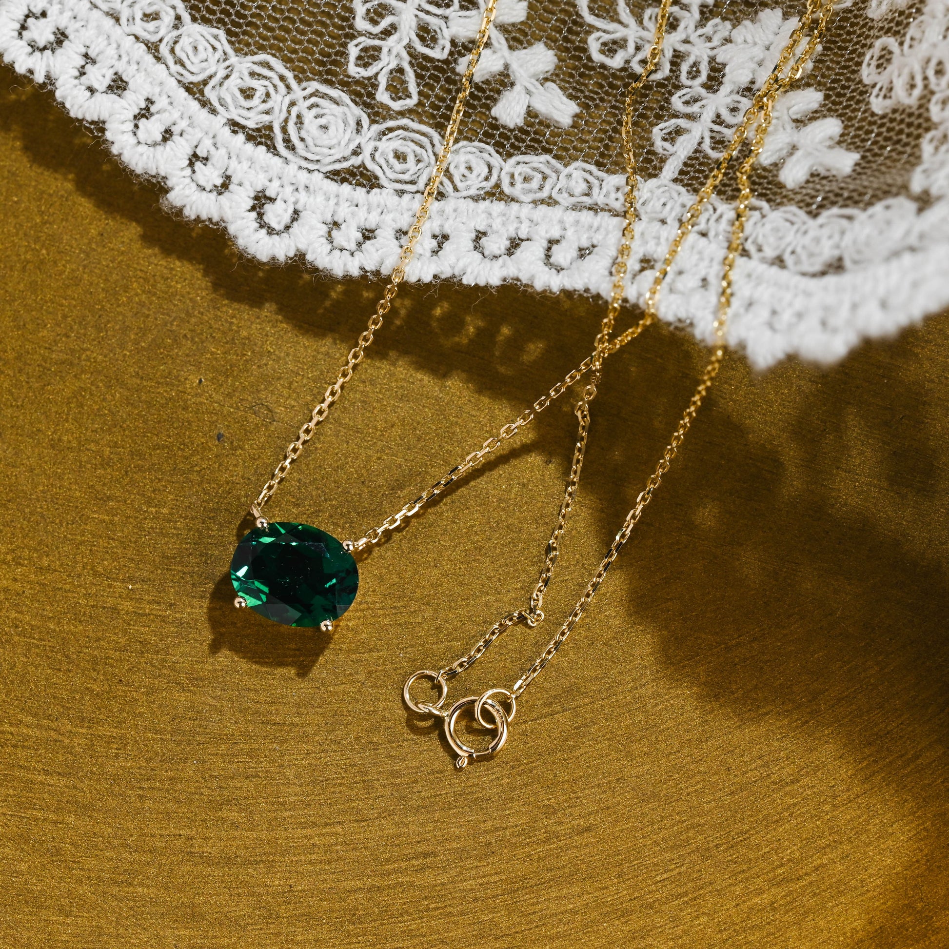 SquareJewelry necklace Solid Gold Solitaire Oval Cut Lab Grown Emerald Pendant Necklace