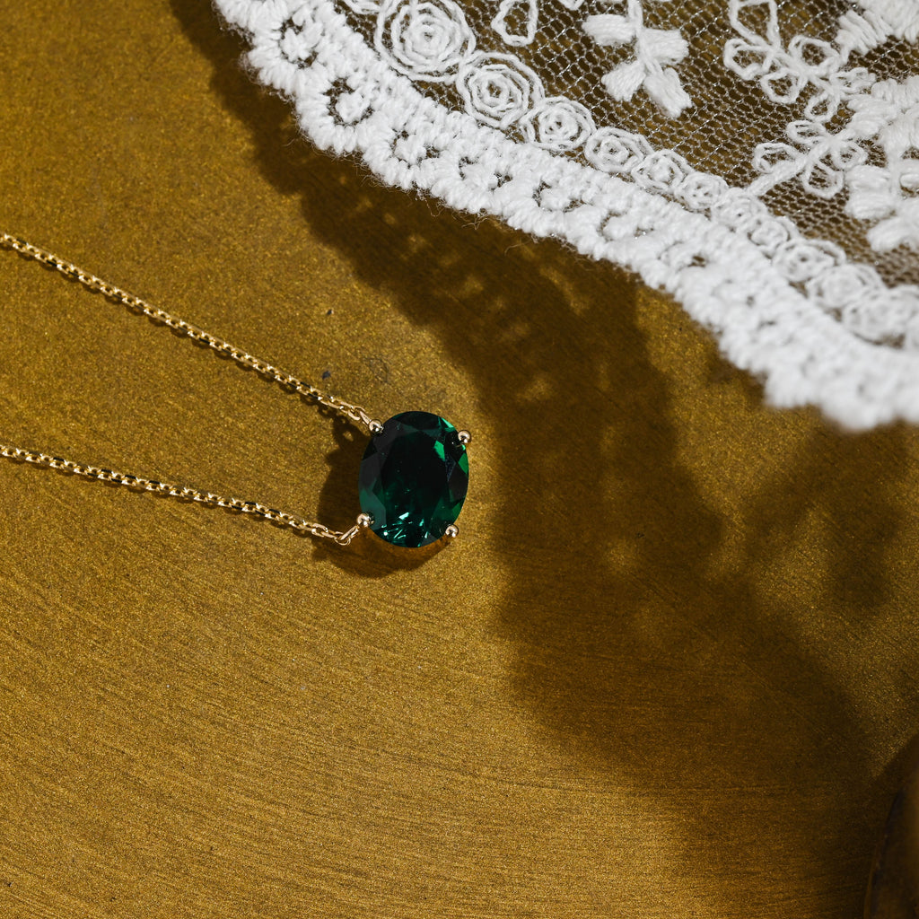 SquareJewelry necklace Solid Gold Solitaire Oval Cut Lab Grown Emerald Pendant Necklace