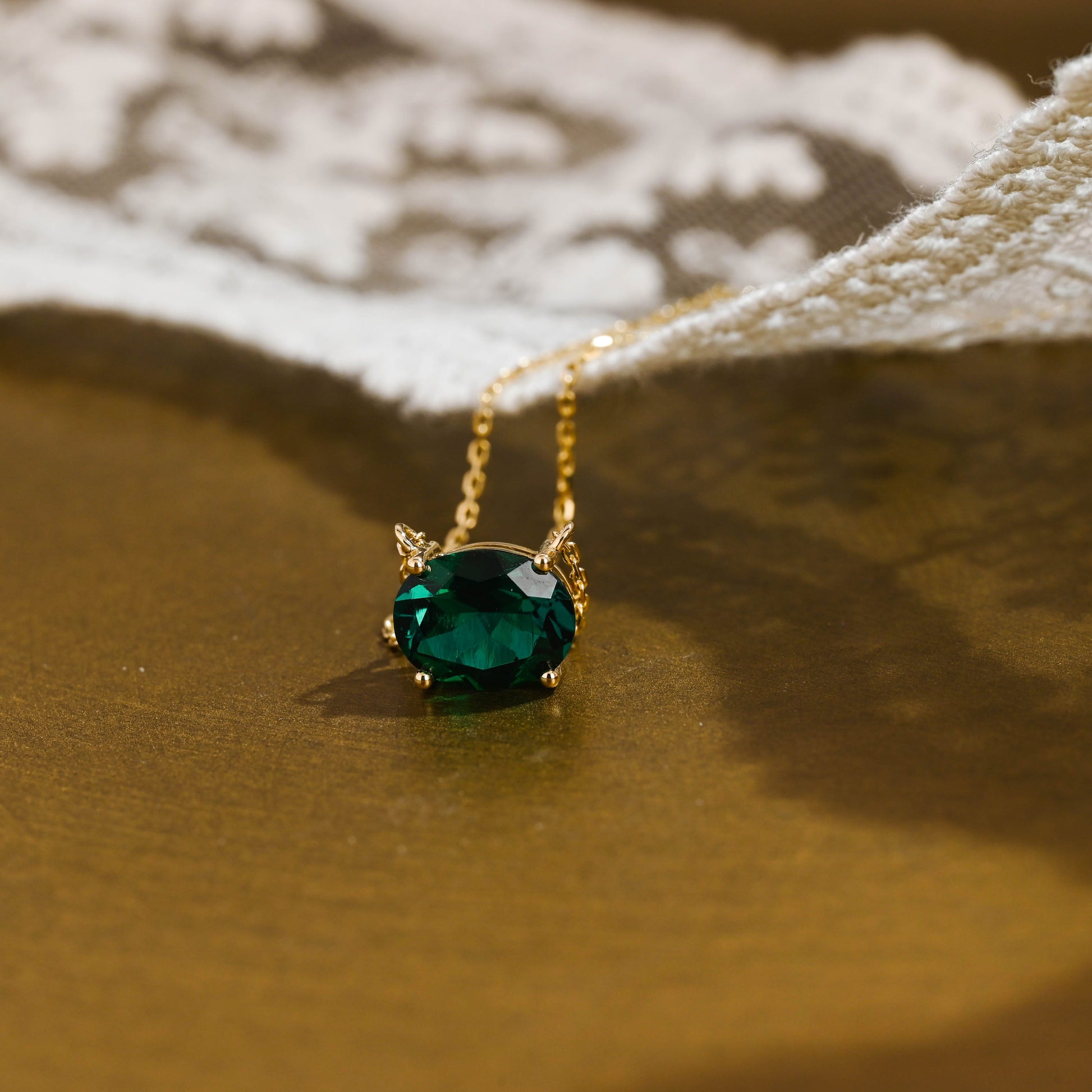 SquareJewelry necklace Solid Gold Solitaire Oval Cut Lab Grown Emerald Pendant Necklace