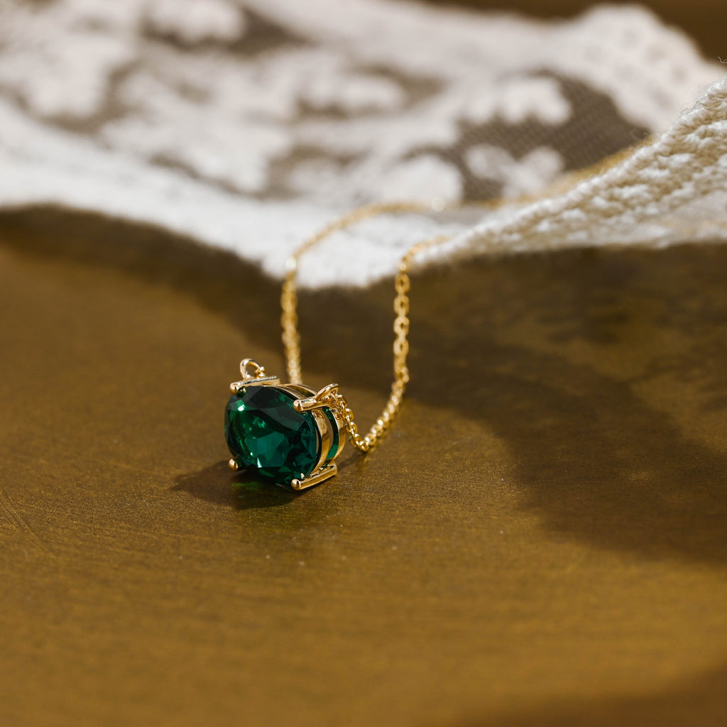 SquareJewelry necklace Solid Gold Solitaire Oval Cut Lab Grown Emerald Pendant Necklace