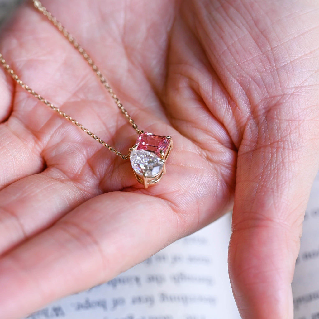 SquareJewelry necklace Toi et Moi Pink Emerald Cut & Pear Cut Moissanite Pendant