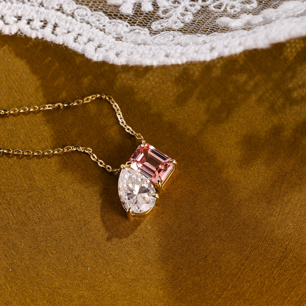 SquareJewelry necklace Toi et Moi Pink Emerald Cut & Pear Cut Moissanite Pendant