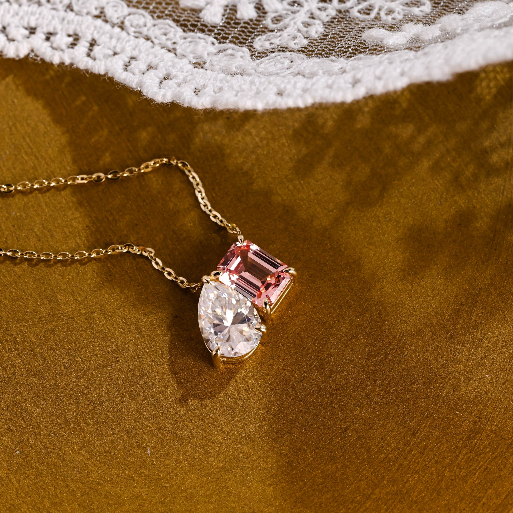 SquareJewelry necklace Toi et Moi Pink Emerald Cut & Pear Cut Moissanite Pendant