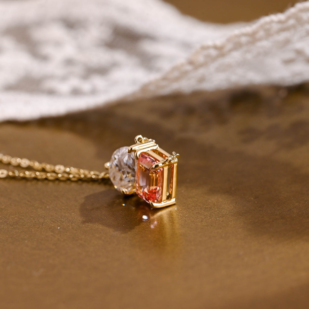 SquareJewelry necklace Toi et Moi Pink Emerald Cut & Pear Cut Moissanite Pendant