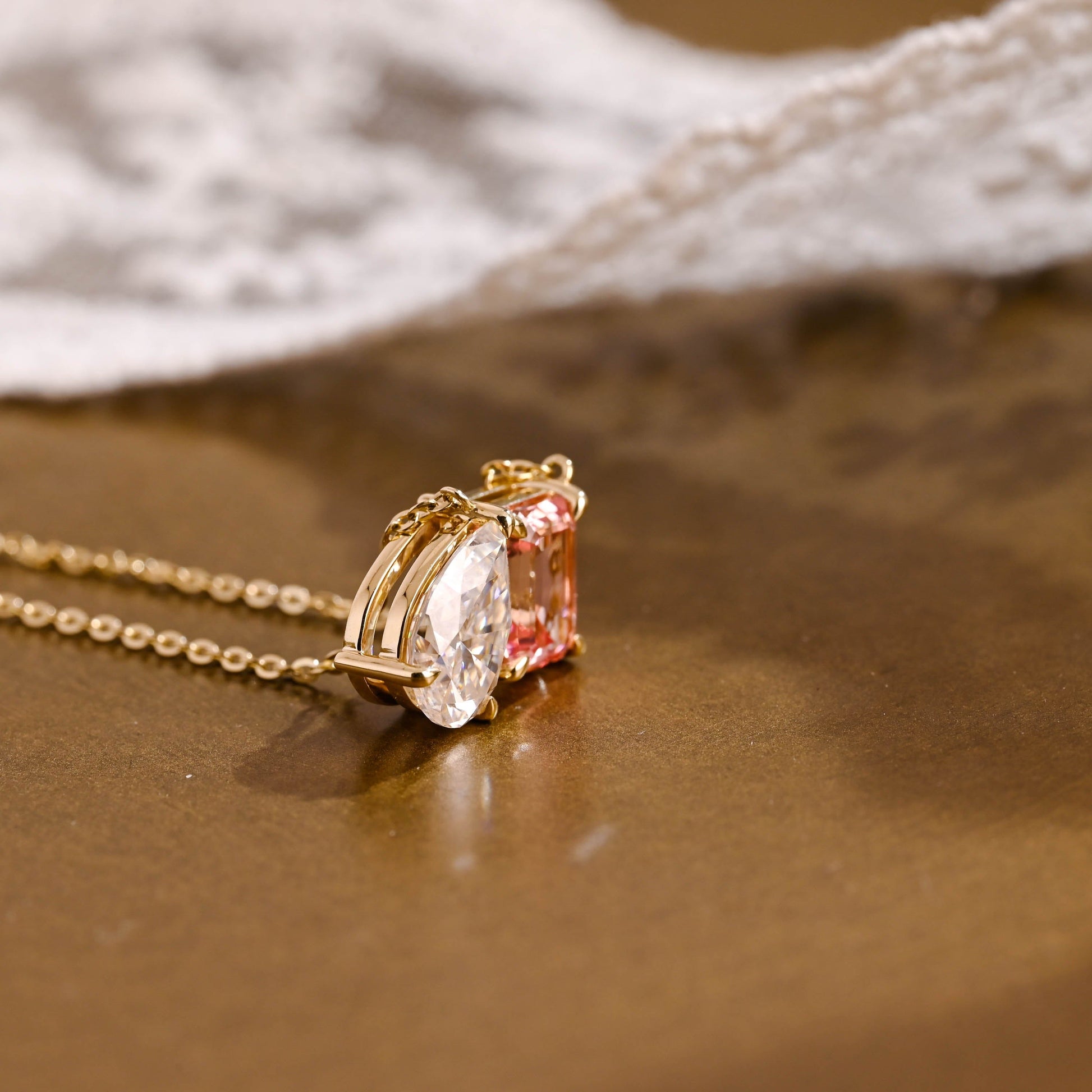 SquareJewelry necklace Toi et Moi Pink Emerald Cut & Pear Cut Moissanite Pendant