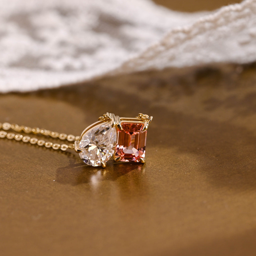 SquareJewelry necklace Toi et Moi Pink Emerald Cut & Pear Cut Moissanite Pendant