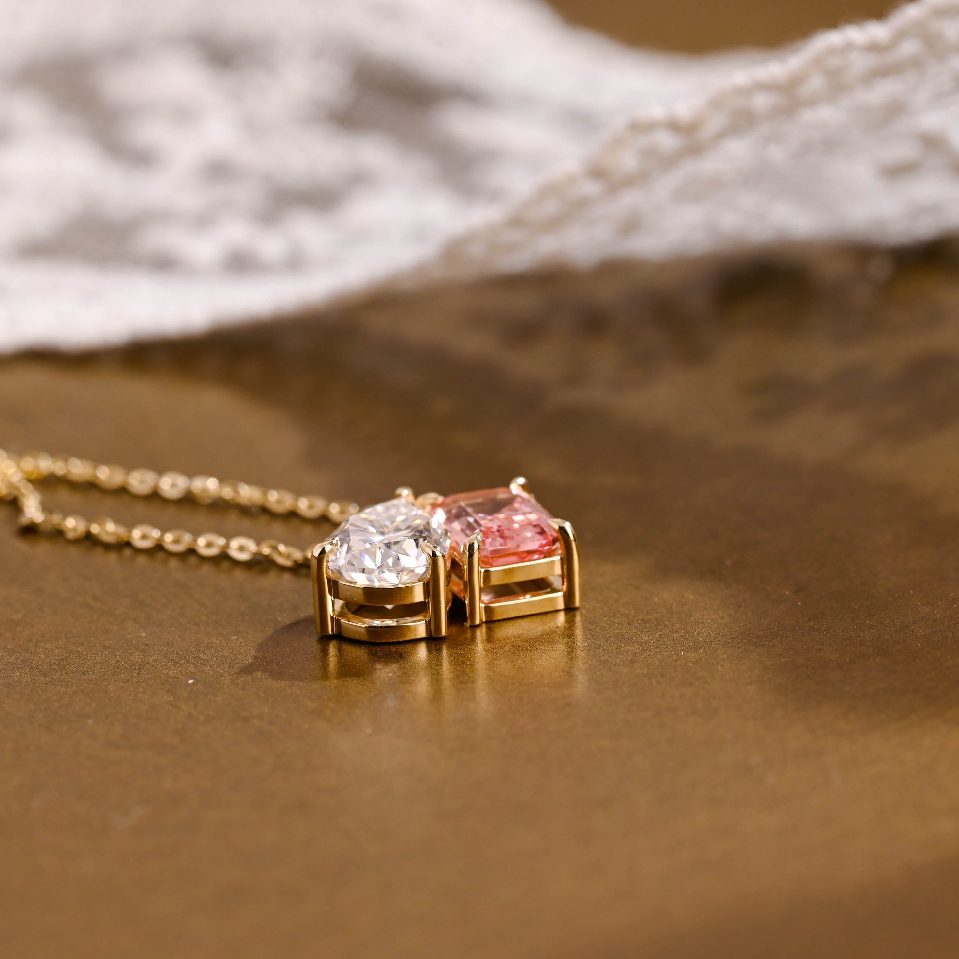 SquareJewelry necklace Toi et Moi Pink Emerald Cut & Pear Cut Moissanite Pendant
