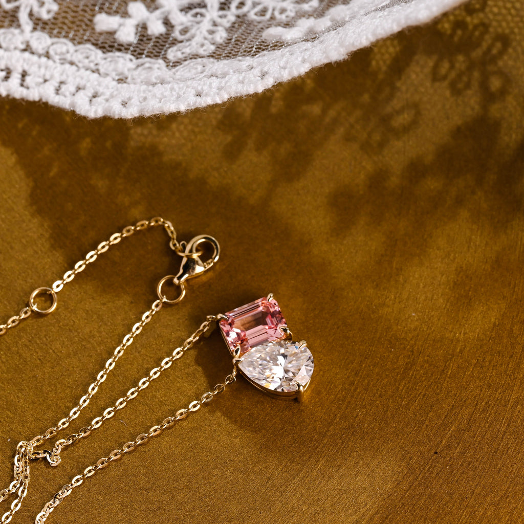 SquareJewelry necklace Toi et Moi Pink Emerald Cut & Pear Cut Moissanite Pendant