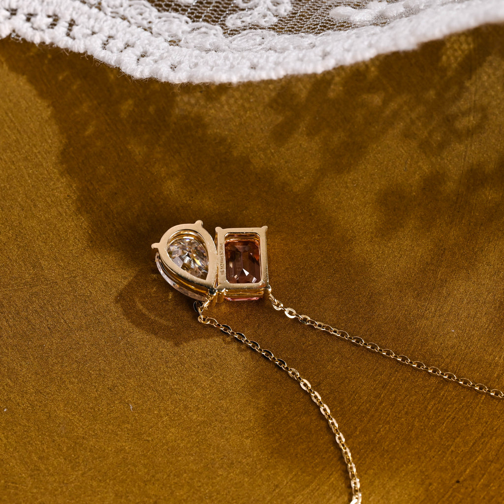 SquareJewelry necklace Toi et Moi Pink Emerald Cut & Pear Cut Moissanite Pendant