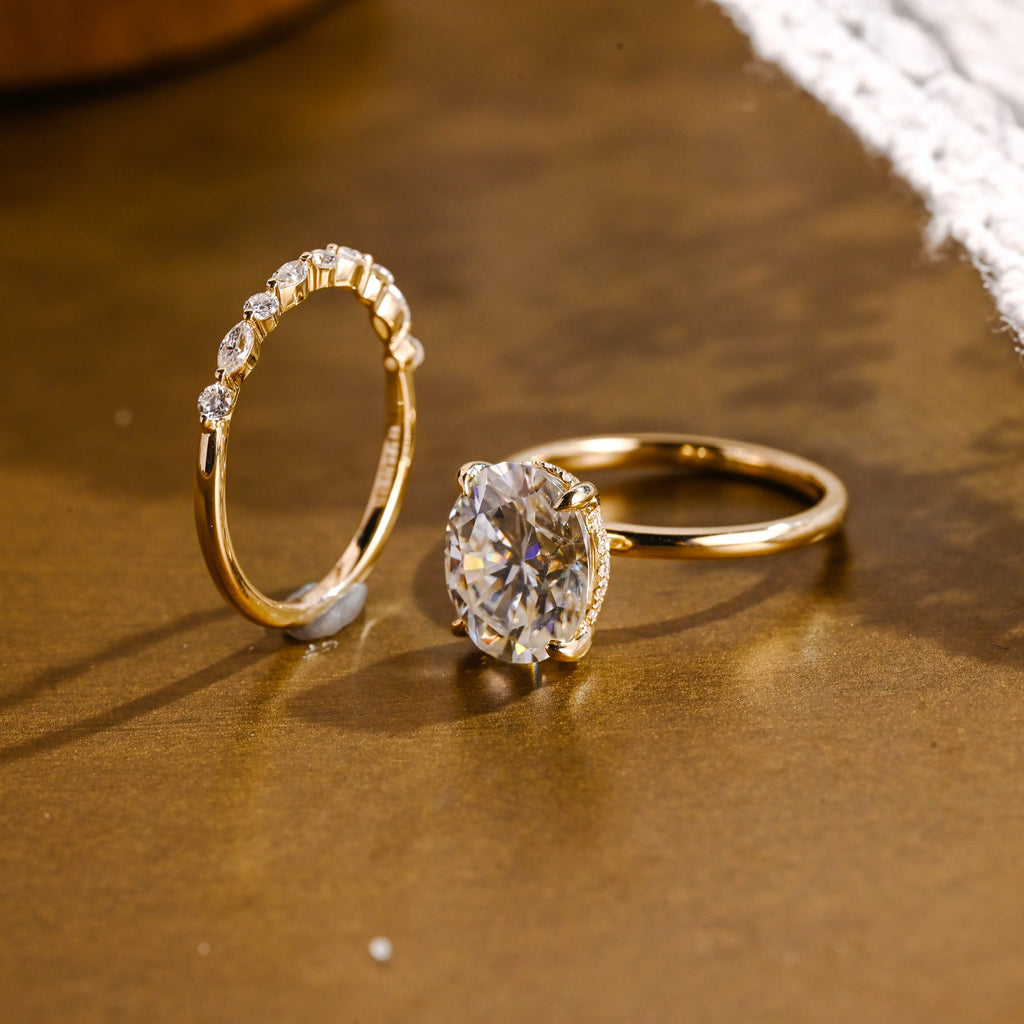 SquareJewelry oval cut bridal set Solid Gold Classic Hidden Halo Oval Moissanite Engagement Ring Set