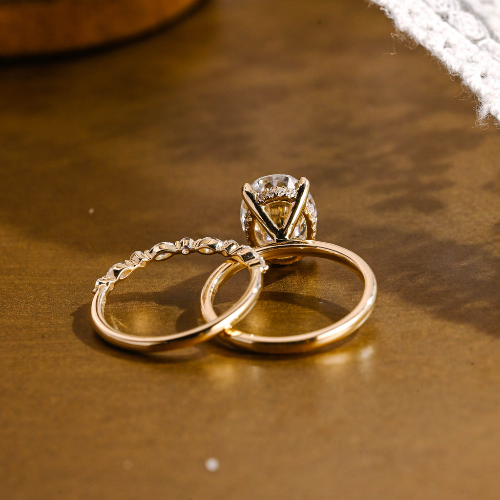 SquareJewelry oval cut bridal set Solid Gold Classic Hidden Halo Oval Moissanite Engagement Ring Set