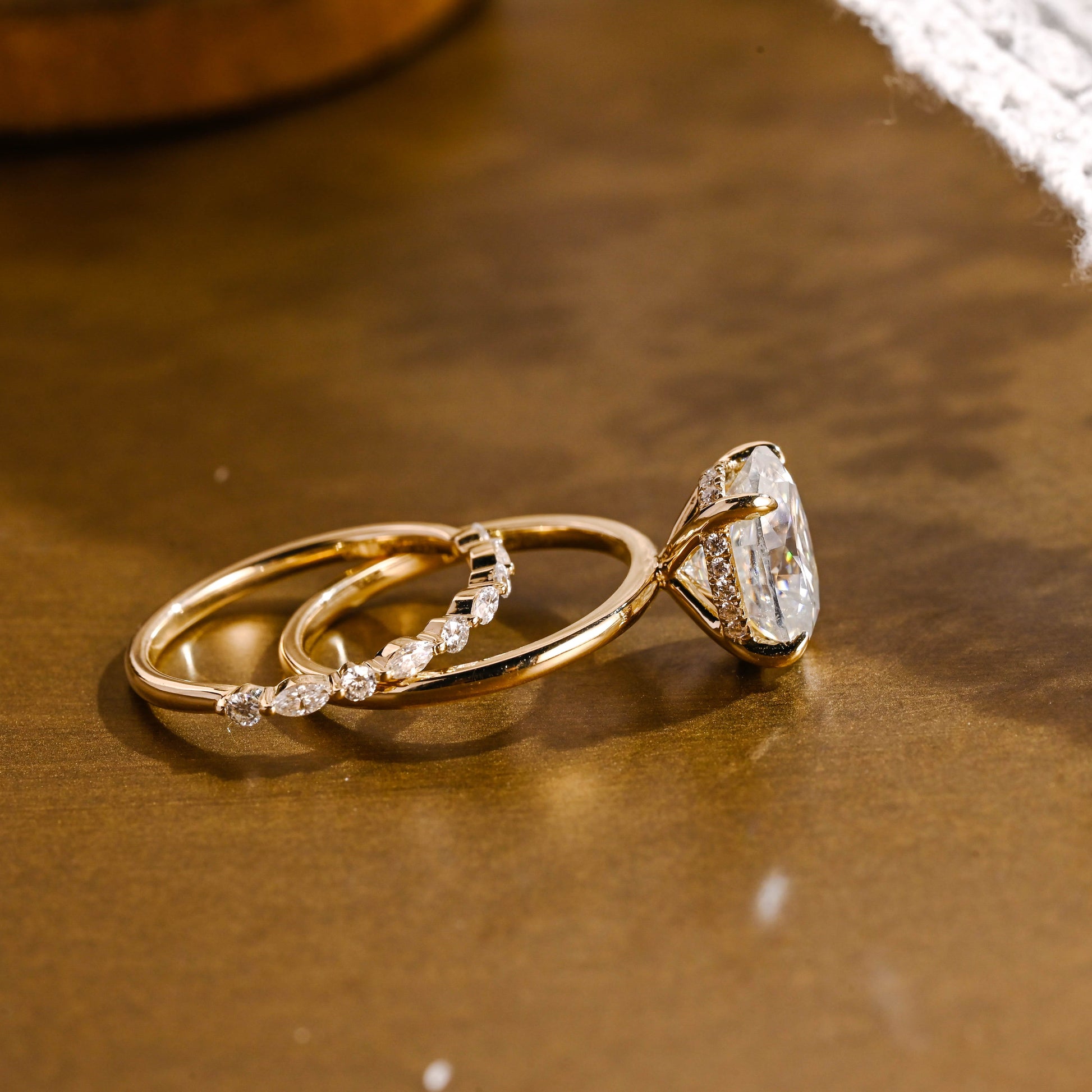 SquareJewelry oval cut bridal set Solid Gold Classic Hidden Halo Oval Moissanite Engagement Ring Set