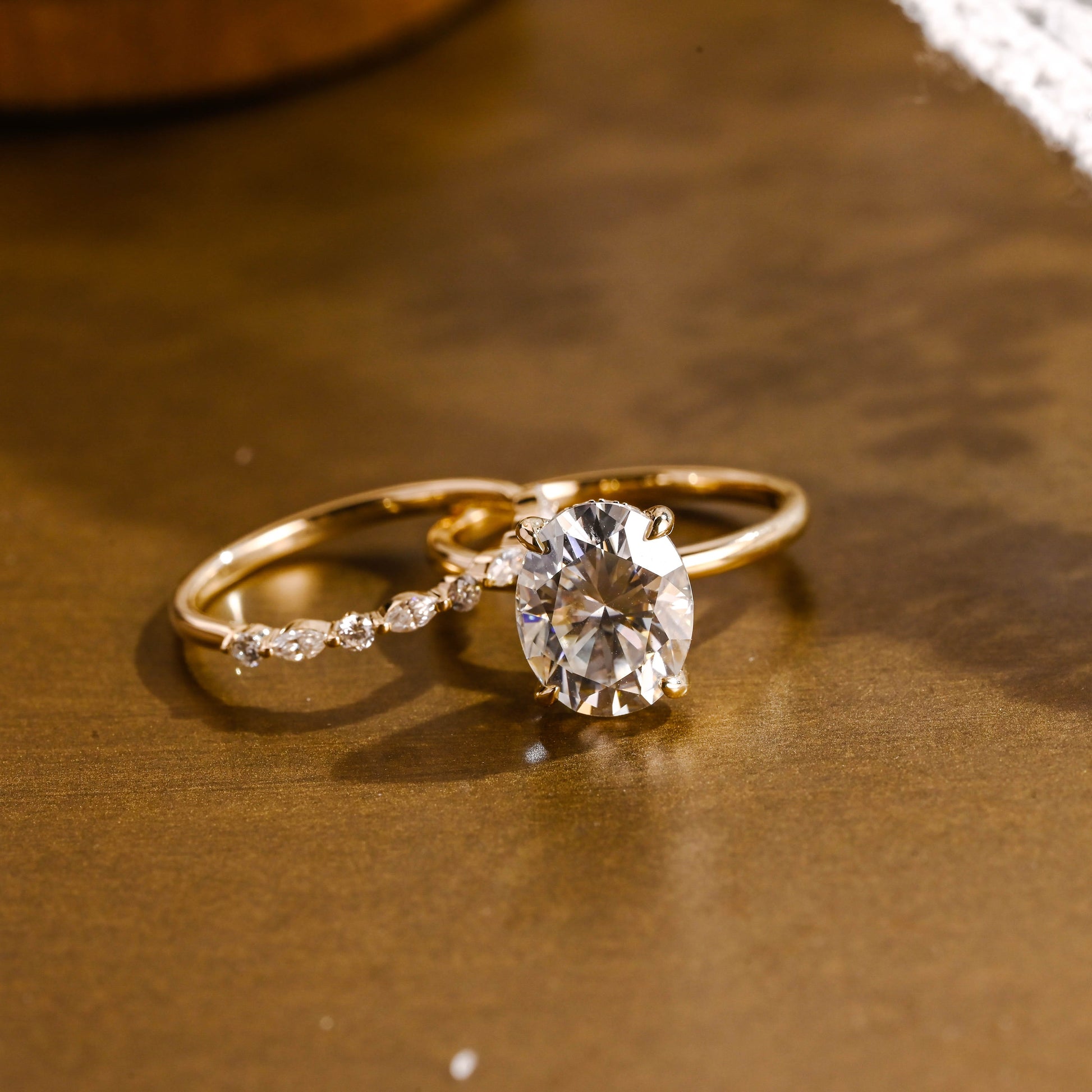 SquareJewelry oval cut bridal set Solid Gold Classic Hidden Halo Oval Moissanite Engagement Ring Set
