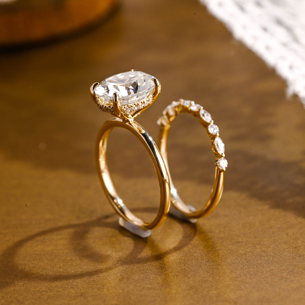 SquareJewelry oval cut bridal set Solid Gold Classic Hidden Halo Oval Moissanite Engagement Ring Set