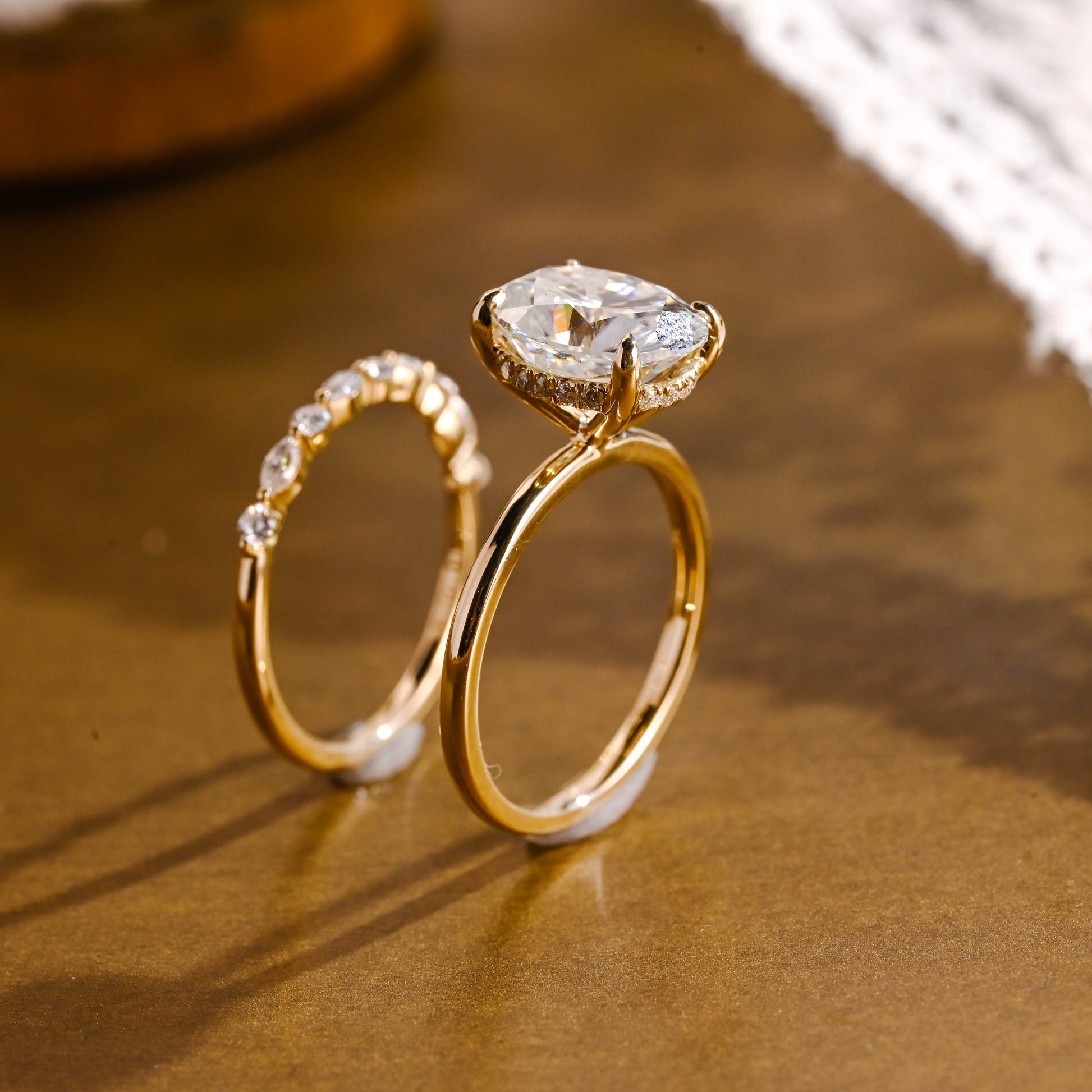 SquareJewelry oval cut bridal set Solid Gold Classic Hidden Halo Oval Moissanite Engagement Ring Set