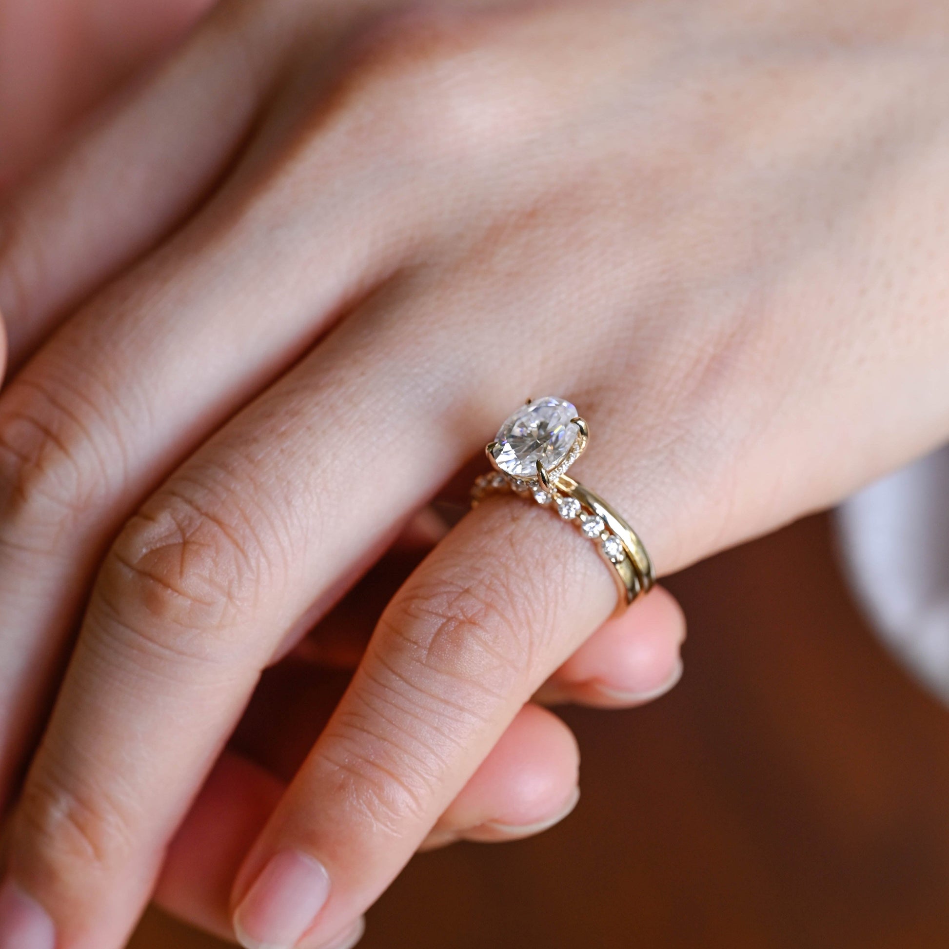 SquareJewelry oval cut bridal set Solid Gold Classic Hidden Halo Oval Moissanite Engagement Ring Set
