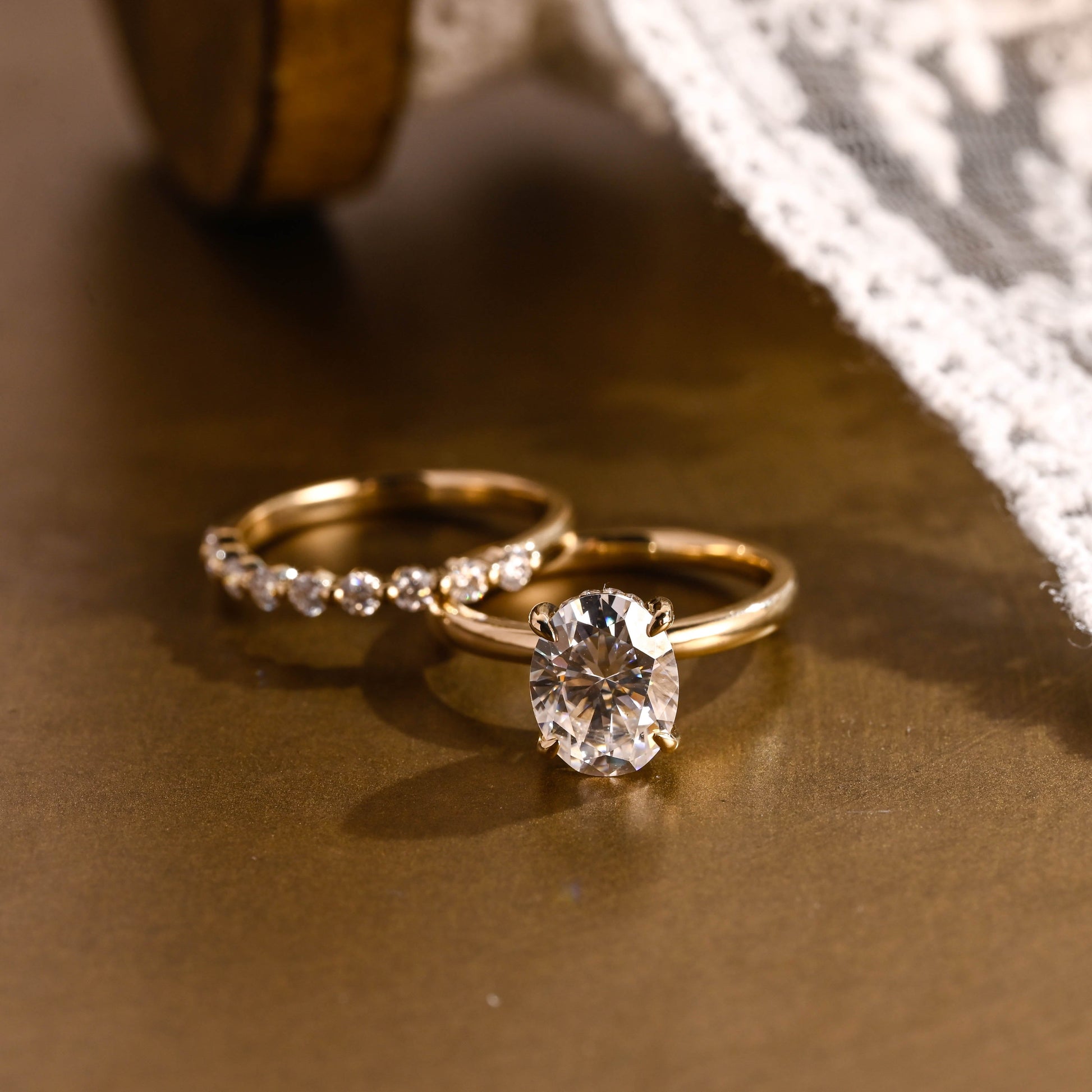 SquareJewelry oval cut bridal set Solid Gold Classic Hidden Halo Oval Moissanite Engagement Ring Set