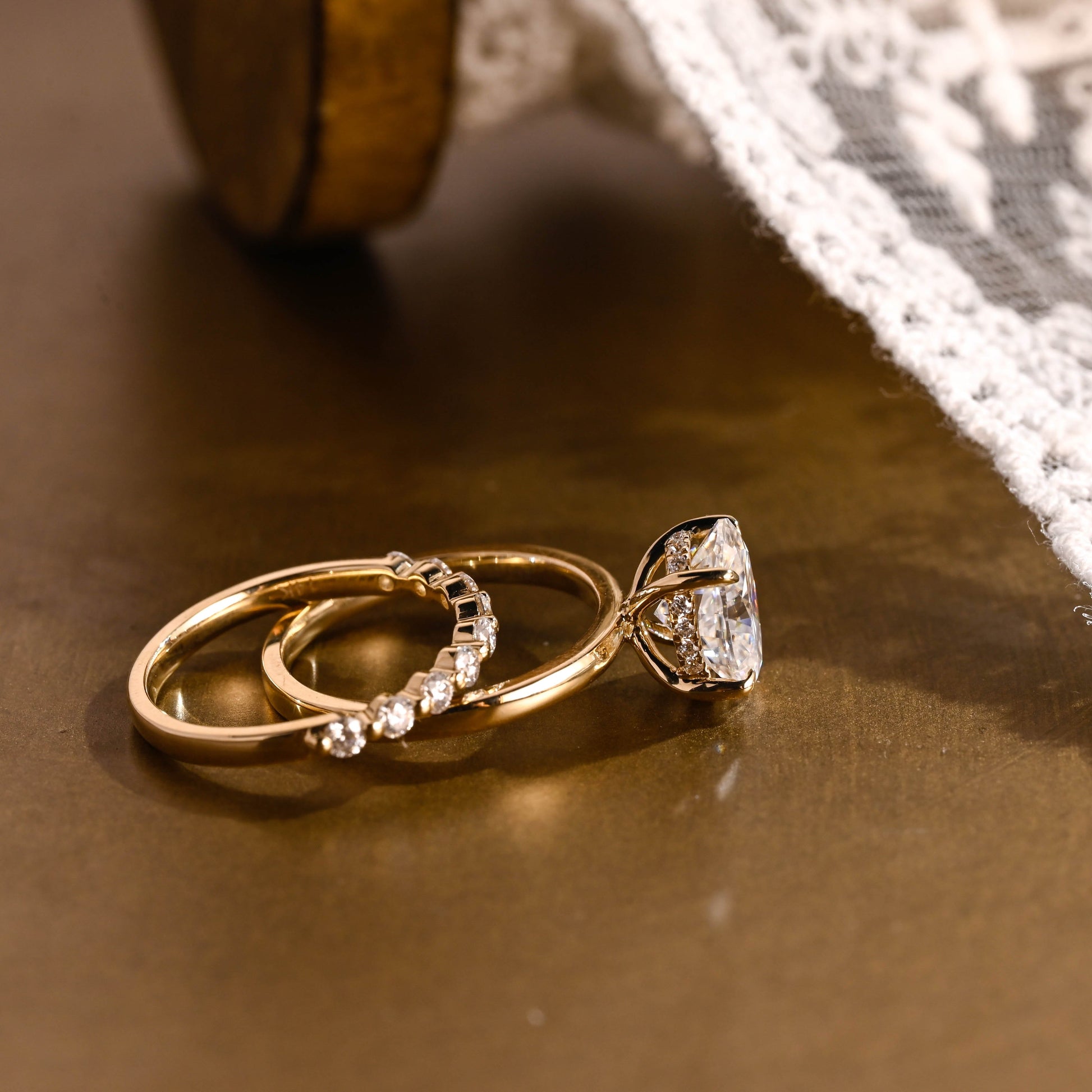 SquareJewelry oval cut bridal set Solid Gold Classic Hidden Halo Oval Moissanite Engagement Ring Set