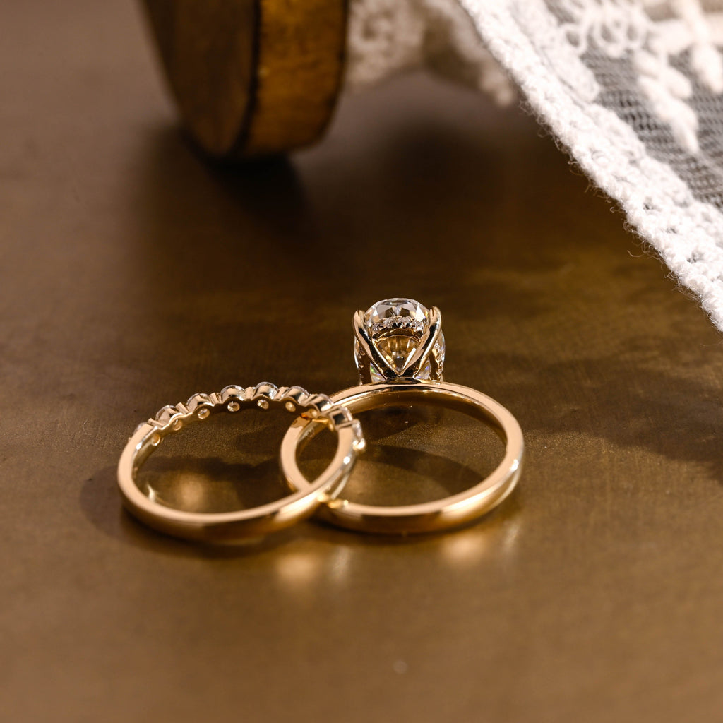 SquareJewelry oval cut bridal set Solid Gold Classic Hidden Halo Oval Moissanite Engagement Ring Set