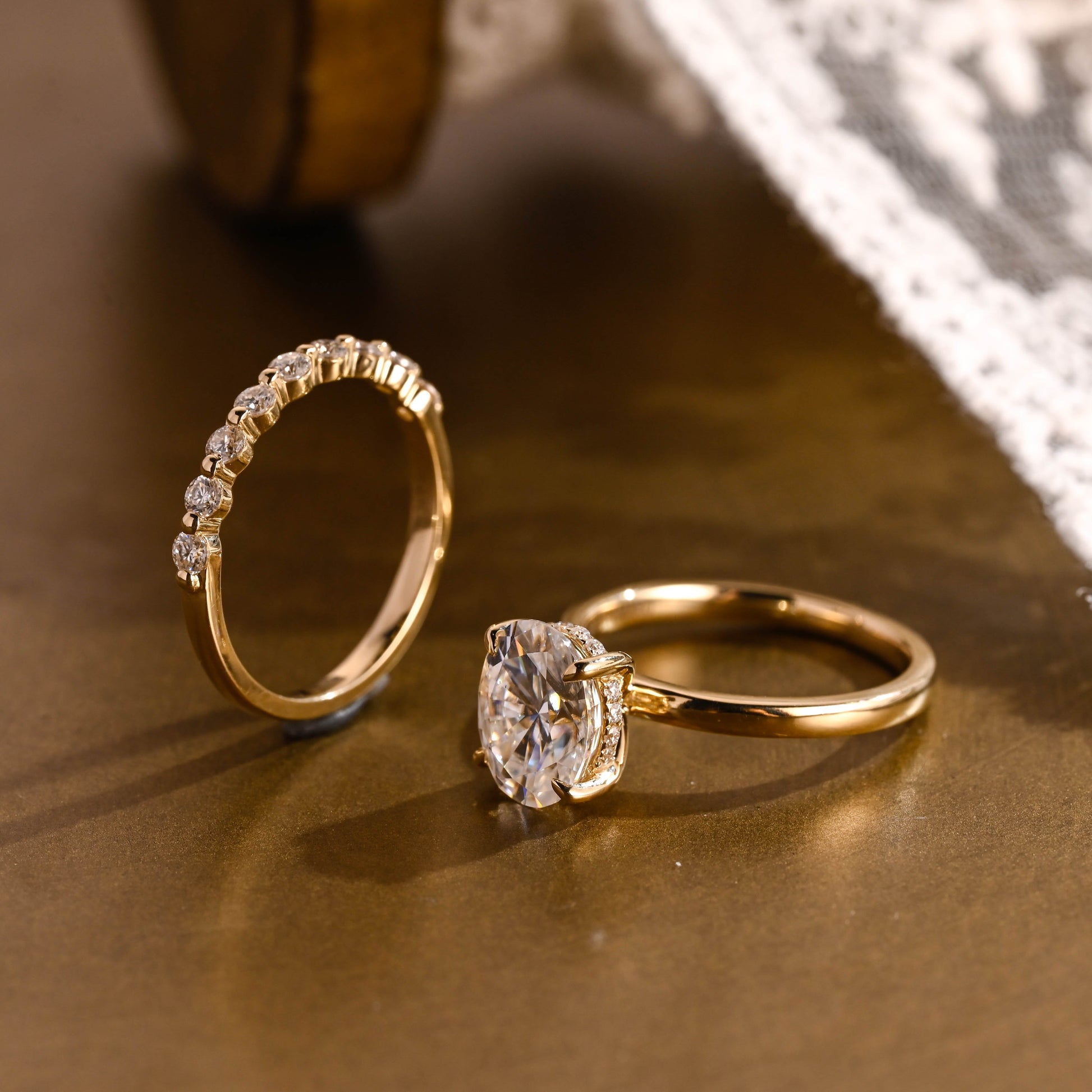 SquareJewelry oval cut bridal set Solid Gold Classic Hidden Halo Oval Moissanite Engagement Ring Set