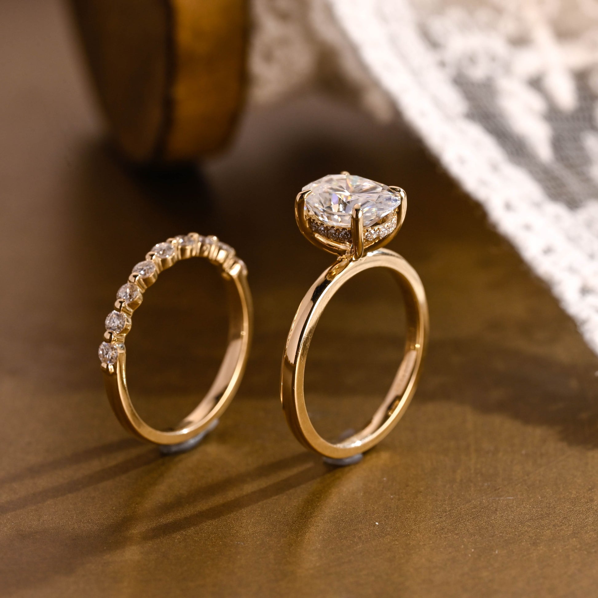 SquareJewelry oval cut bridal set Solid Gold Classic Hidden Halo Oval Moissanite Engagement Ring Set