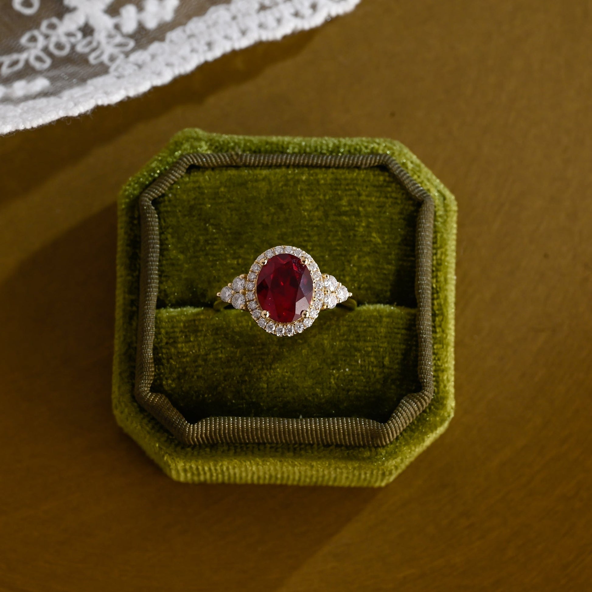 SquareJewelry oval cut lab grown ruby engagement ring Solid Gold Halo Oval Lab Grown Ruby Engagement Ring