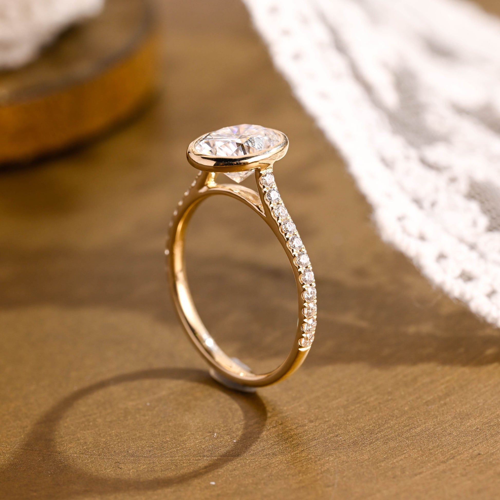 SquareJewelry oval cut moissanite engagement ring Solid Gold Bezel Cathedral Setting Oval Cut Moissanite Engagement Ring