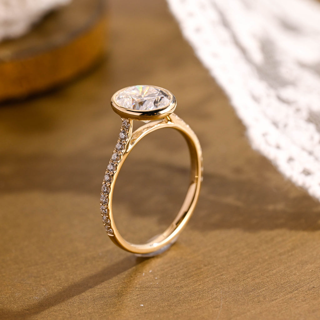 SquareJewelry oval cut moissanite engagement ring Solid Gold Bezel Cathedral Setting Oval Cut Moissanite Engagement Ring