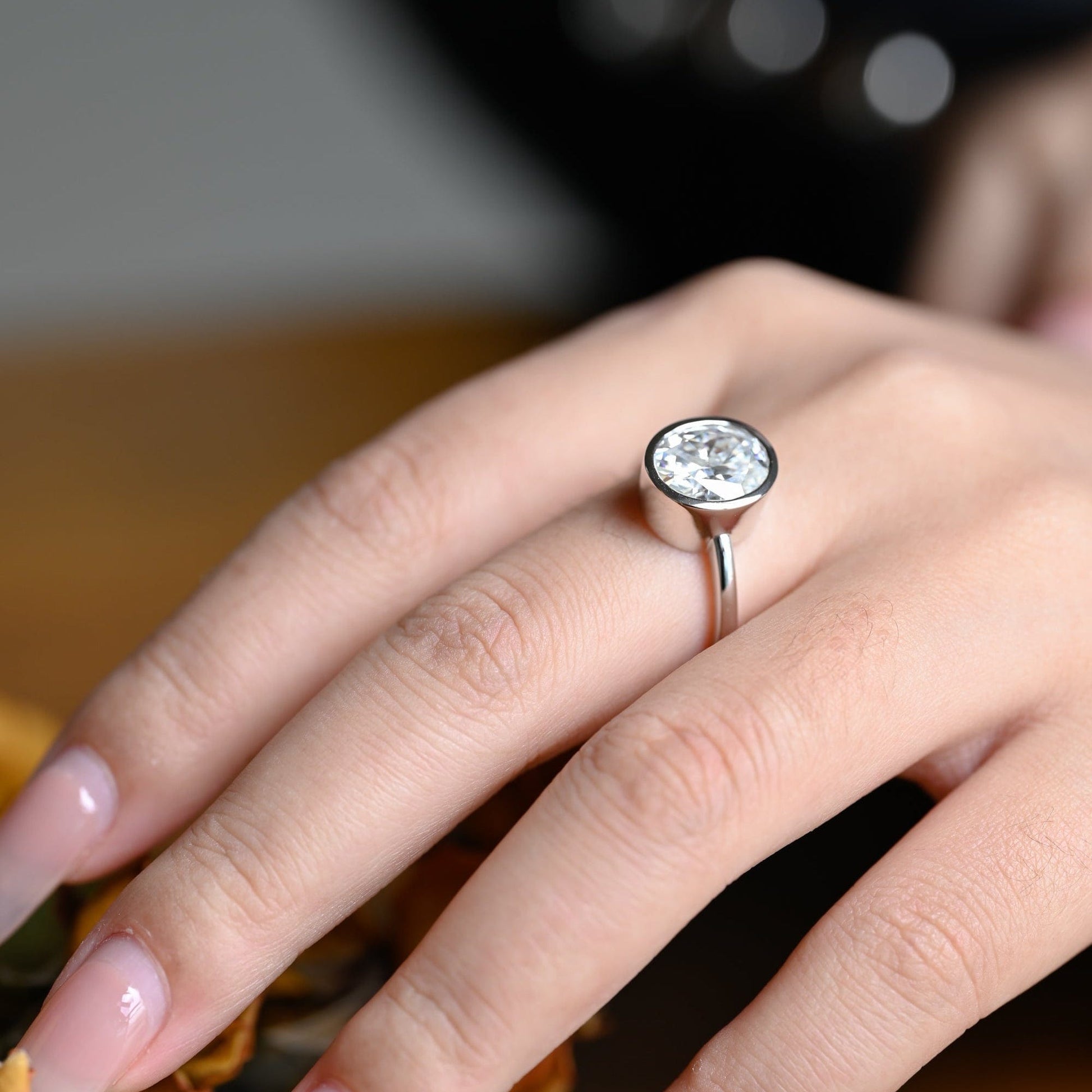 SquareJewelry oval cut moissanite engagement ring Solid Gold Bezel Oval Moissanite Engagement Ring