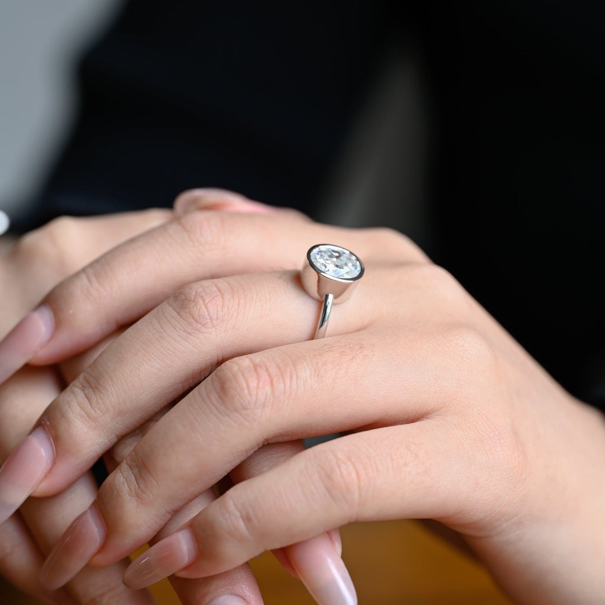 SquareJewelry oval cut moissanite engagement ring Solid Gold Bezel Oval Moissanite Engagement Ring
