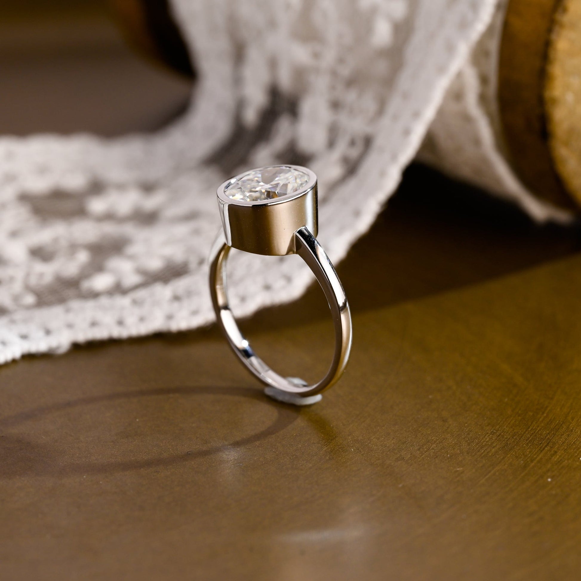 SquareJewelry oval cut moissanite engagement ring Solid Gold Bezel Oval Moissanite Engagement Ring