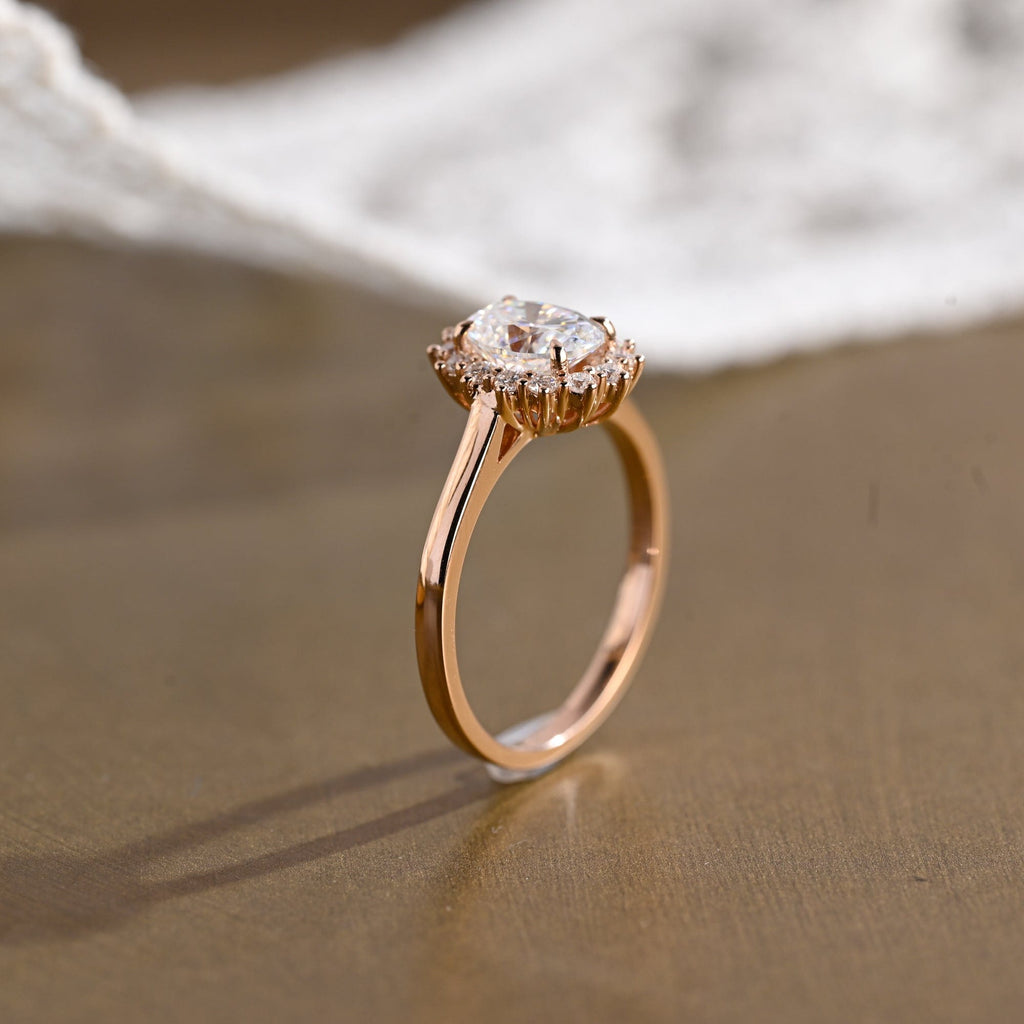 SquareJewelry oval cut moissanite engagement ring Solid Gold Cathedral Starburst Halo Oval Moissanite Engagement Ring