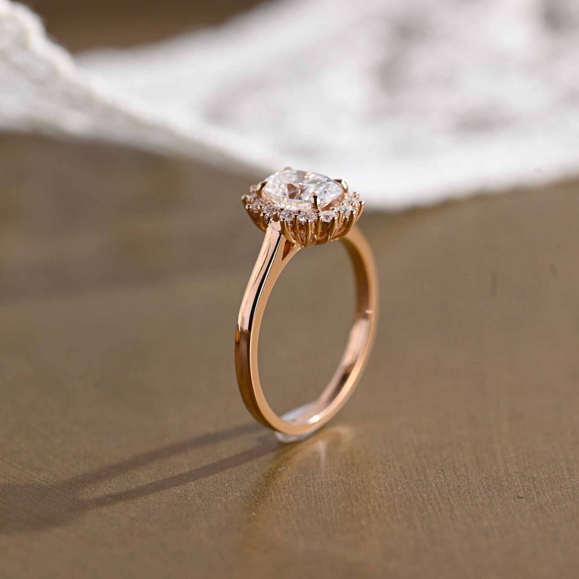 SquareJewelry oval cut moissanite engagement ring Solid Gold Cathedral Starburst Halo Oval Moissanite Engagement Ring