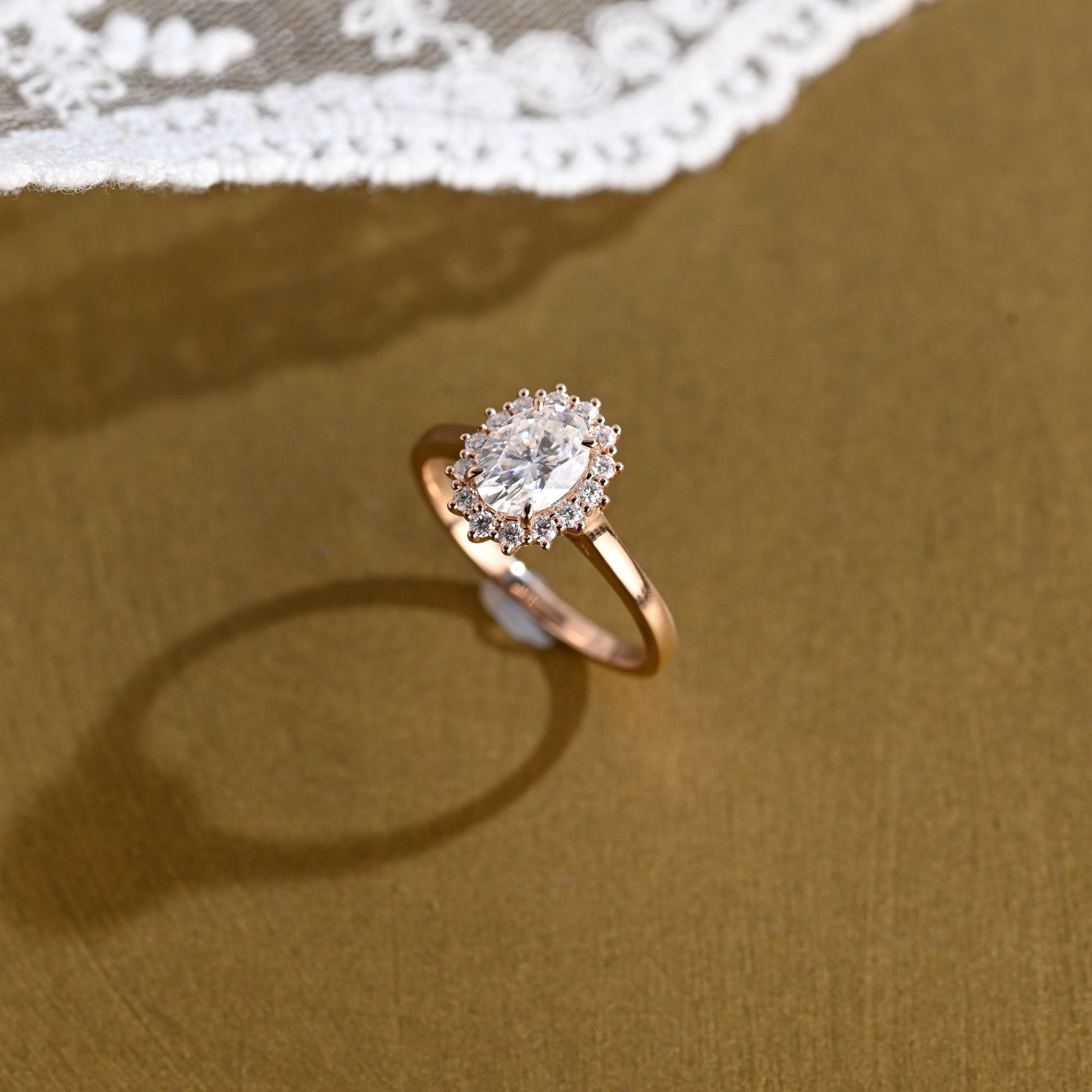 SquareJewelry oval cut moissanite engagement ring Solid Gold Cathedral Starburst Halo Oval Moissanite Engagement Ring