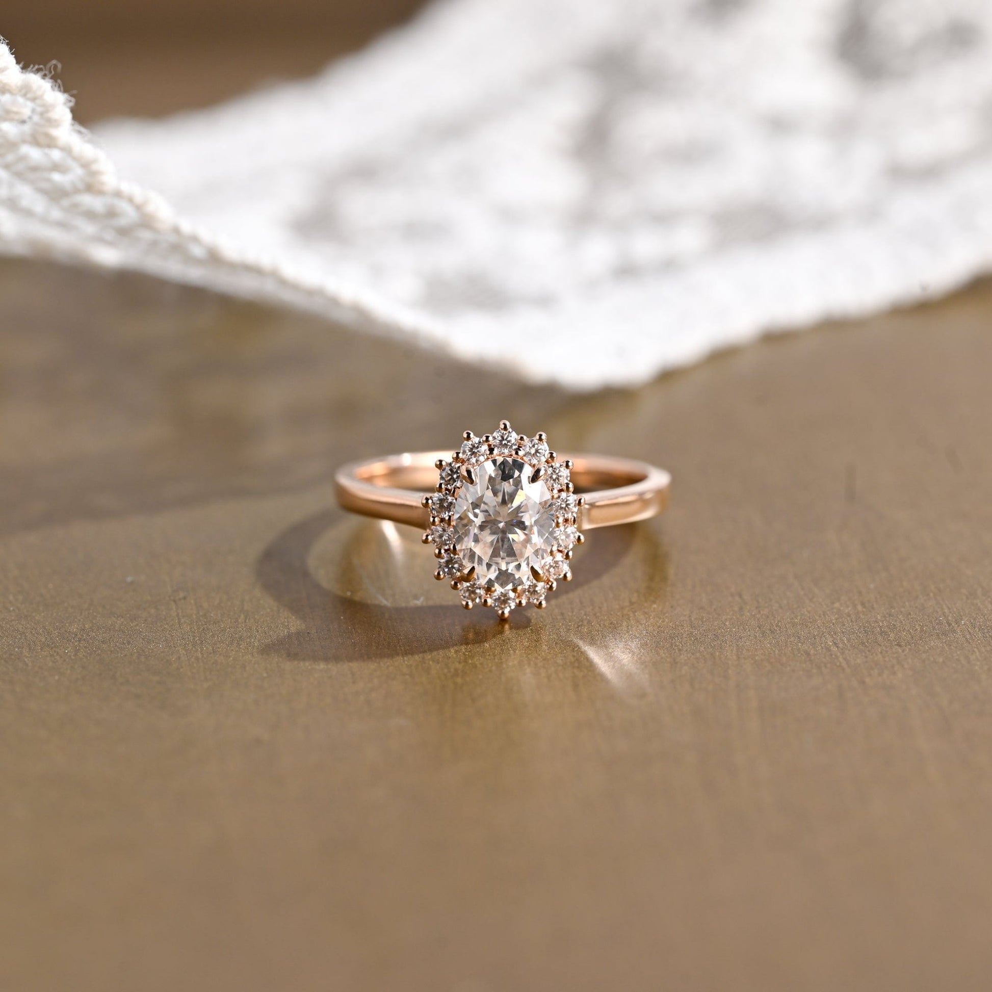 SquareJewelry oval cut moissanite engagement ring Solid Gold Cathedral Starburst Halo Oval Moissanite Engagement Ring