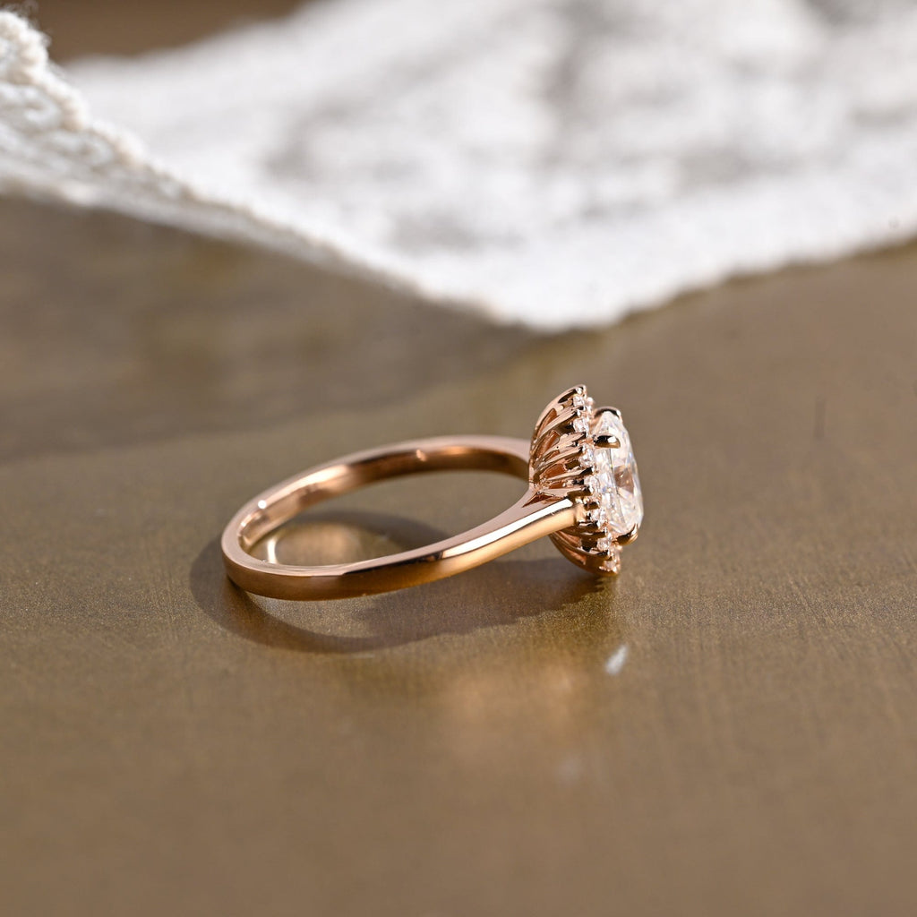 SquareJewelry oval cut moissanite engagement ring Solid Gold Cathedral Starburst Halo Oval Moissanite Engagement Ring