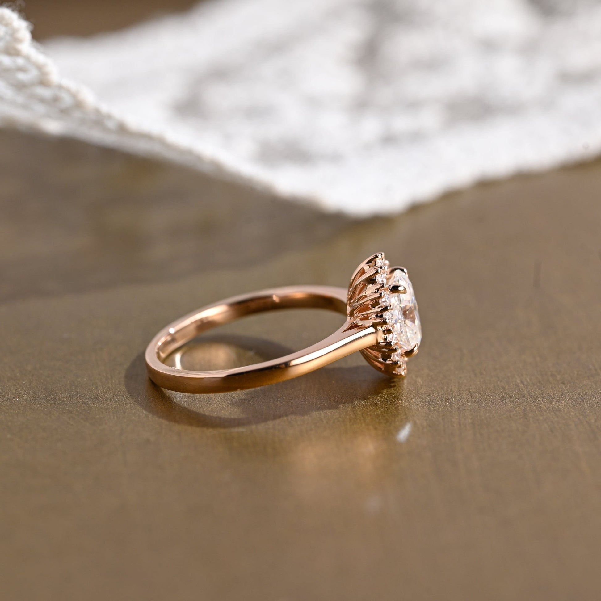 SquareJewelry oval cut moissanite engagement ring Solid Gold Cathedral Starburst Halo Oval Moissanite Engagement Ring