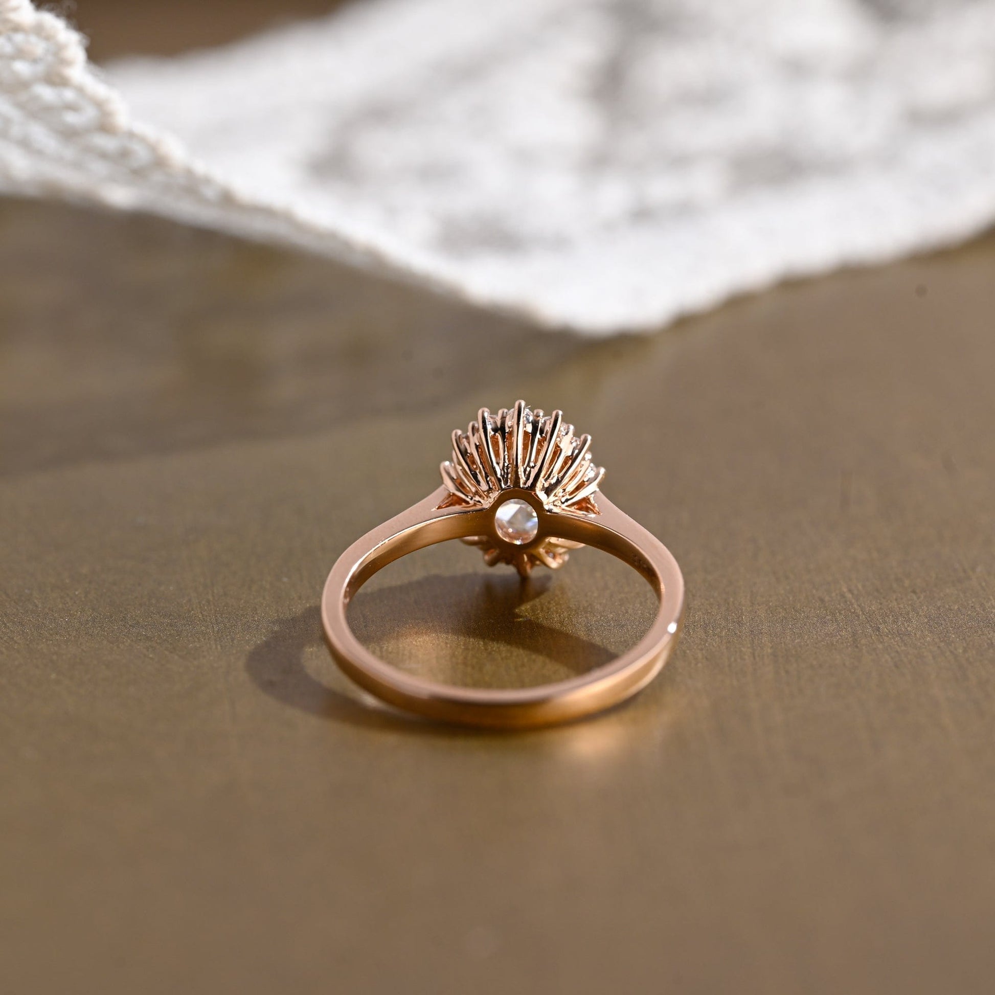 SquareJewelry oval cut moissanite engagement ring Solid Gold Cathedral Starburst Halo Oval Moissanite Engagement Ring