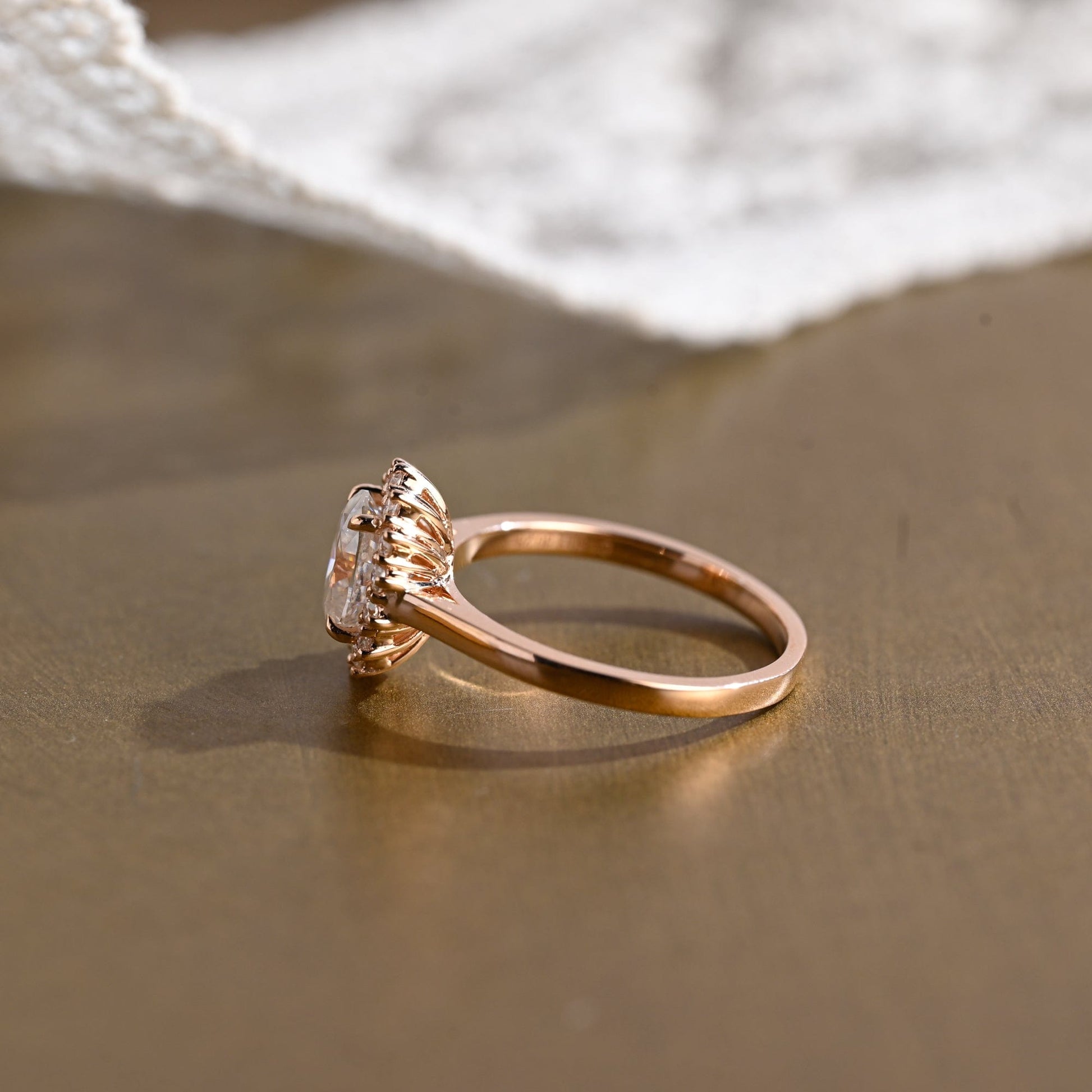 SquareJewelry oval cut moissanite engagement ring Solid Gold Cathedral Starburst Halo Oval Moissanite Engagement Ring