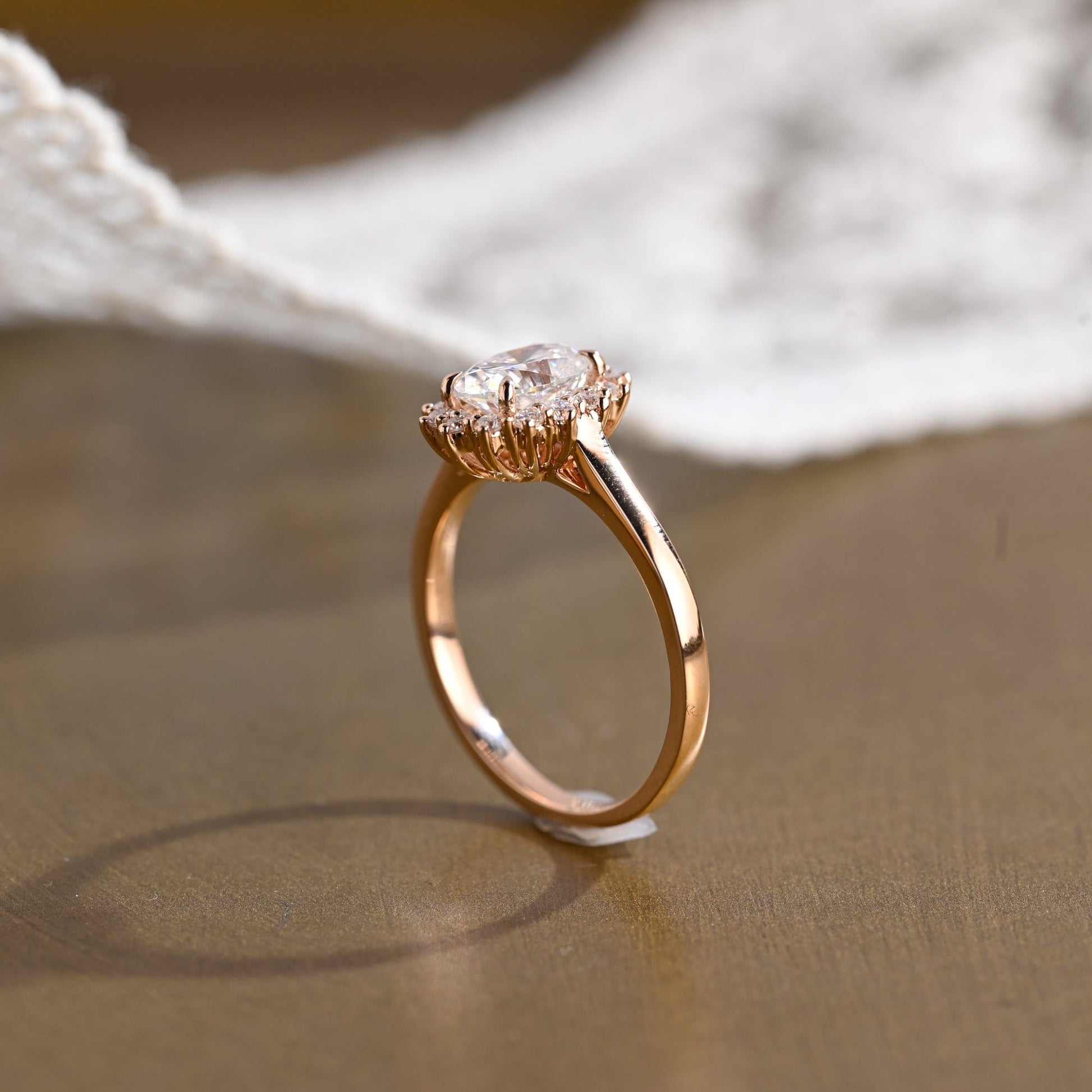 SquareJewelry oval cut moissanite engagement ring Solid Gold Cathedral Starburst Halo Oval Moissanite Engagement Ring