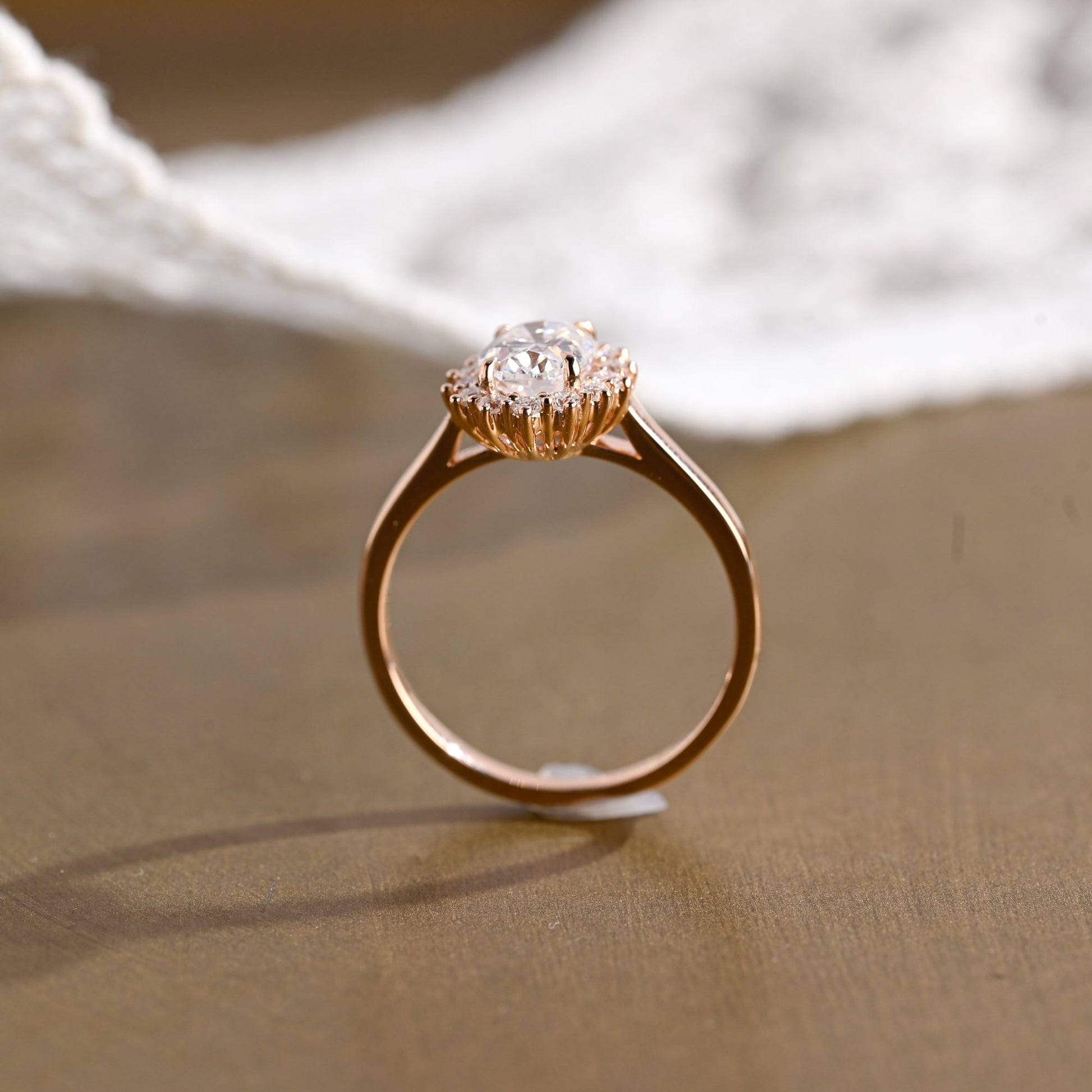 SquareJewelry oval cut moissanite engagement ring Solid Gold Cathedral Starburst Halo Oval Moissanite Engagement Ring