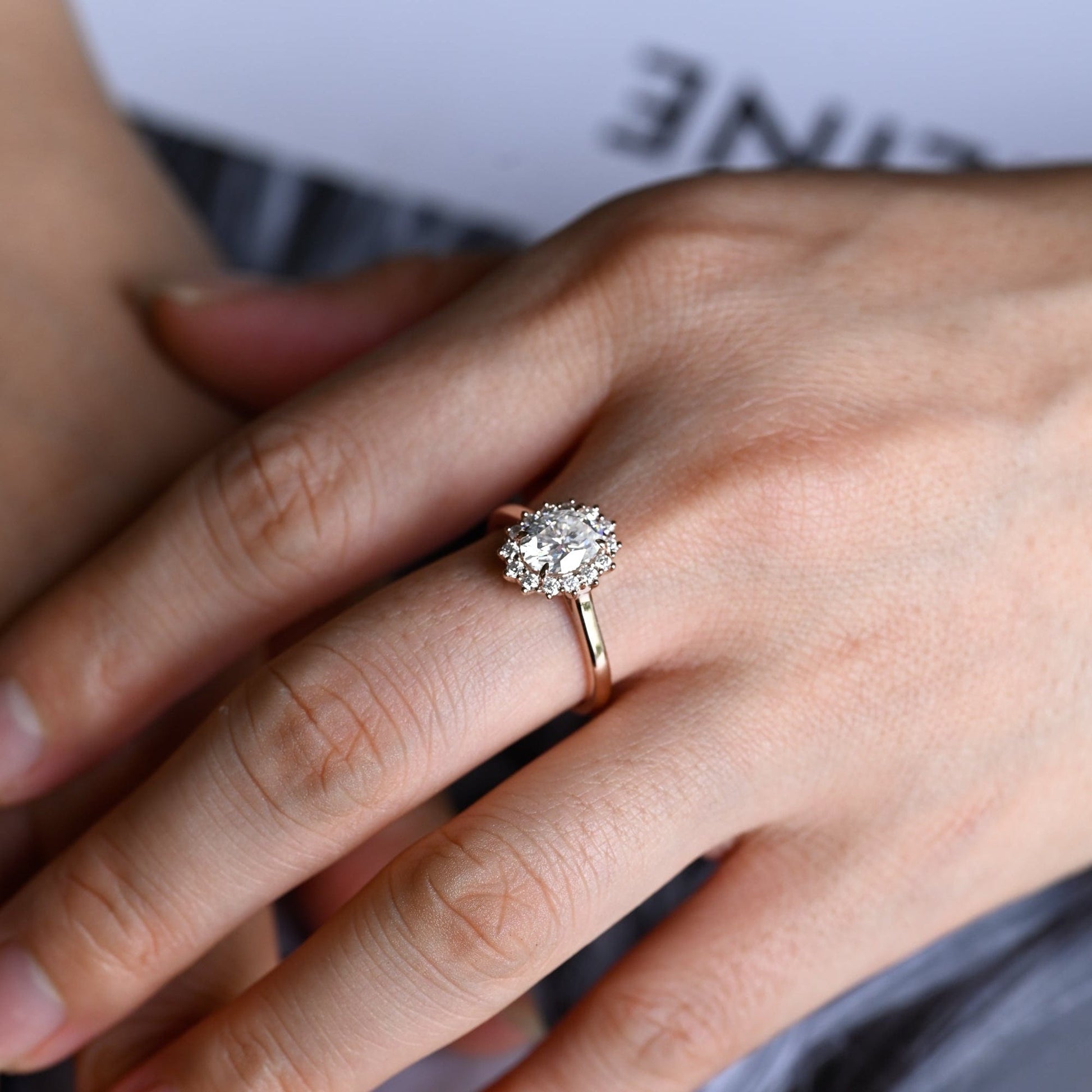 SquareJewelry oval cut moissanite engagement ring Solid Gold Cathedral Starburst Halo Oval Moissanite Engagement Ring