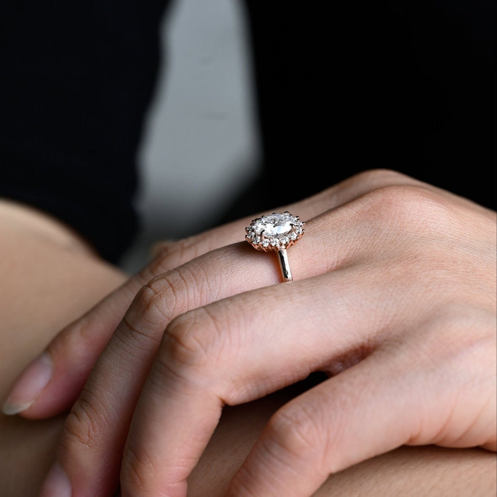 SquareJewelry oval cut moissanite engagement ring Solid Gold Cathedral Starburst Halo Oval Moissanite Engagement Ring