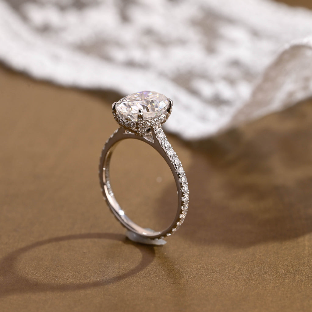 SquareJewelry oval cut moissanite engagement ring Solid Gold Full Eternity Pave Prongs Oval Cut Moissanite Engagement Ring