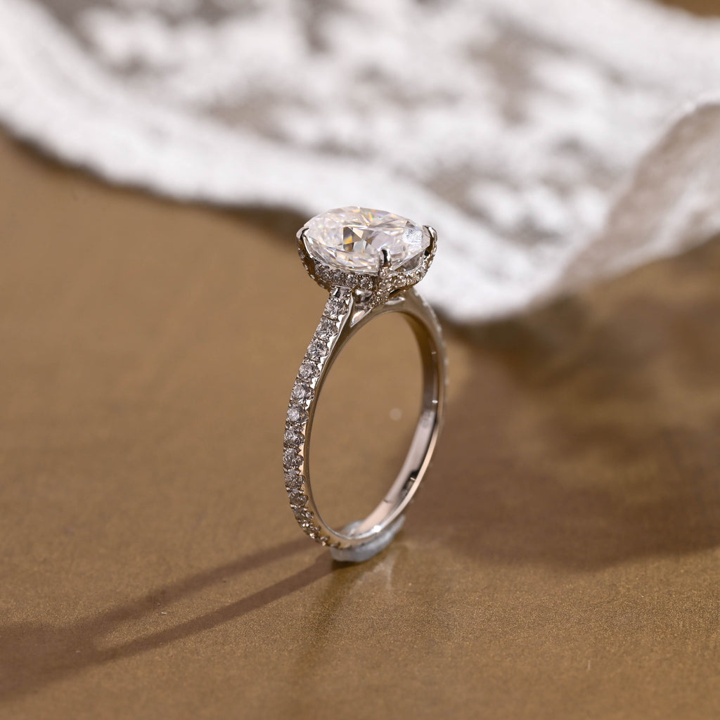 SquareJewelry oval cut moissanite engagement ring Solid Gold Full Eternity Pave Prongs Oval Cut Moissanite Engagement Ring