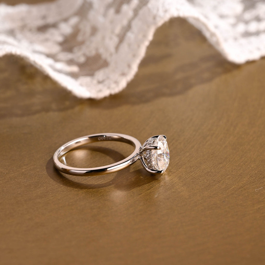 SquareJewelry oval cut moissanite engagement ring Solid Gold Hidden Halo Oval Moissanite Engagement Ring