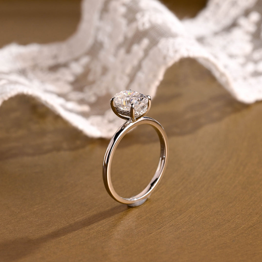 SquareJewelry oval cut moissanite engagement ring Solid Gold Hidden Halo Oval Moissanite Engagement Ring