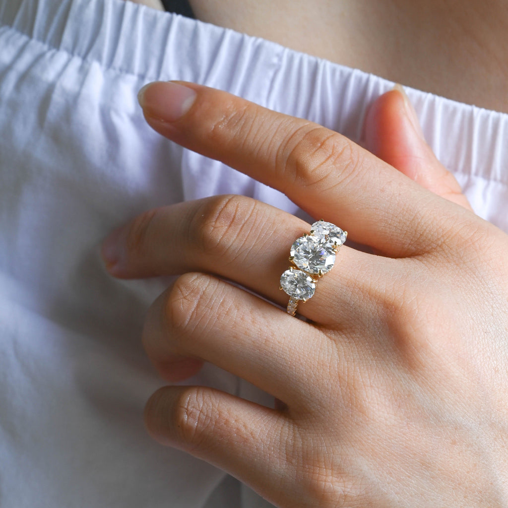 SquareJewelry oval cut moissanite engagement ring Solid Gold Hidden Halo Three Stone Oval Cut Moissanite Engagement Ring