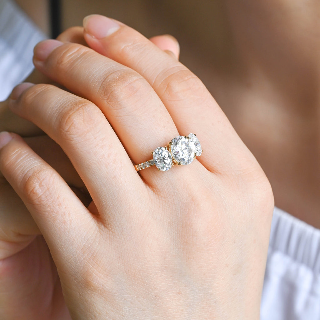 SquareJewelry oval cut moissanite engagement ring Solid Gold Hidden Halo Three Stone Oval Cut Moissanite Engagement Ring